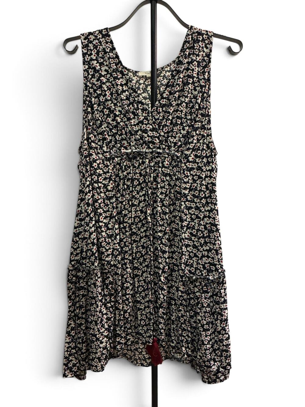 Easel Boho Ditsy Floral V-Neck 100% Rayon Dress w/ Tassels
